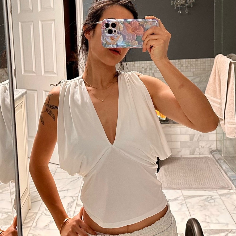 Sleeveless White V-Neck Draped Women’s Top